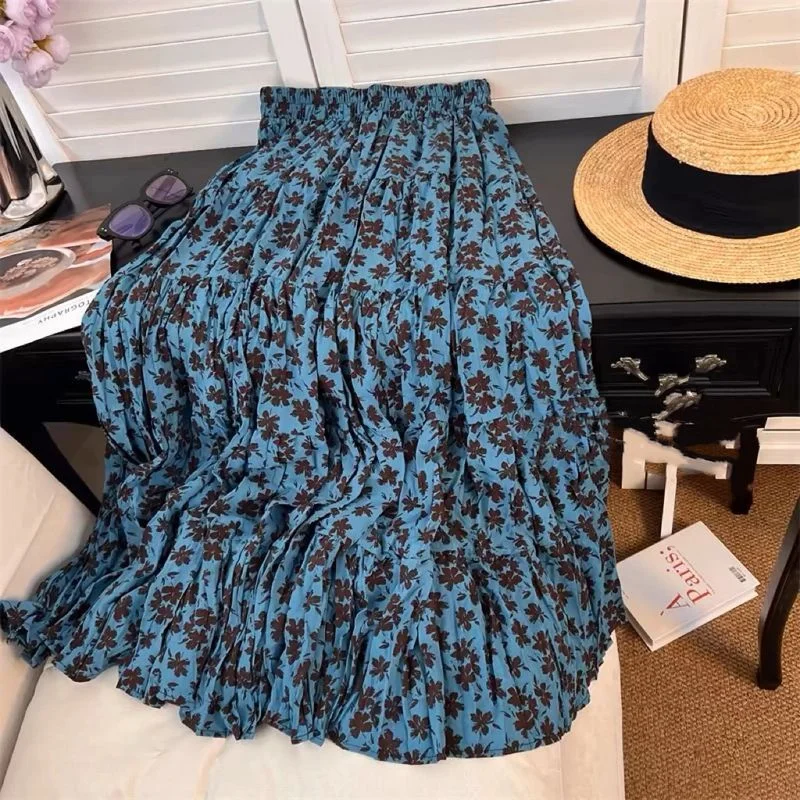 Retro Floral Floral Floral Skirt for Women in Spring New Elastic Waist for Slimming Effect Big Swing A-line Long Skirt for Women
