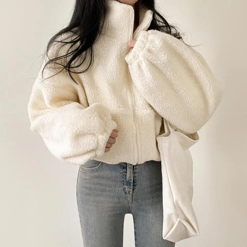 Women Faux Shearling Jacket Loose-fitting Women Jacket Winter Women Jacket Thick Fleece Coat Stand Collar Zipper Closure