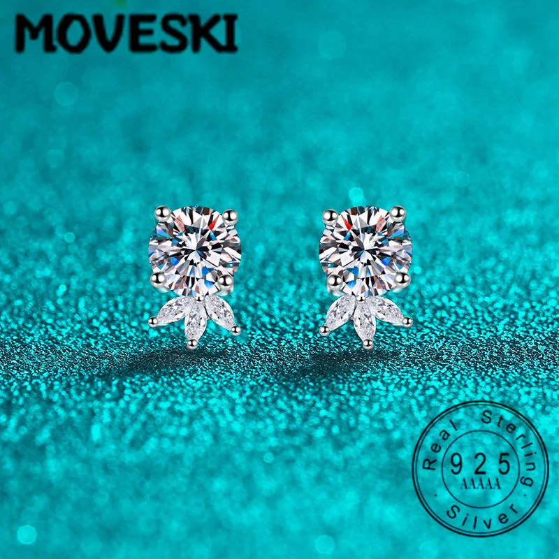 

925 Sterling Silver Moissanite Stud Earrings | Round Cut Floral Leaf Moissanite Earrings for Women