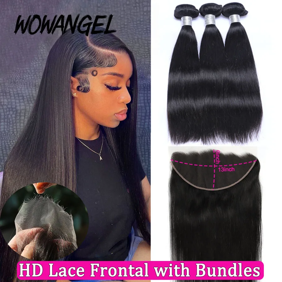 Wowangel 13x6 HD Lace Frontal mit Haarbündeln aus Echthaar, 5x5 HD Lace Closure, hautnahe brasilianische glatte Haarverlängerung für Frauen – Detail 2