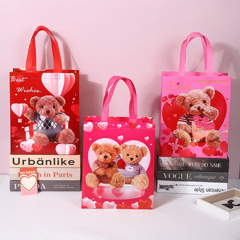 StoBag, Cute Teddy Bear Gift Bags with Handles for Valentine's Day and wedding, Reusable Non woven, Packing candy goodies, 12/30