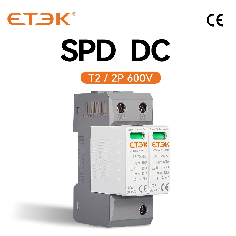 ETEK House Surge Protective Device Type PV SPD 2P DC 600V 20-40KA Protector Arrester Low-voltage Protection EKU5-T2-40PV-2M600