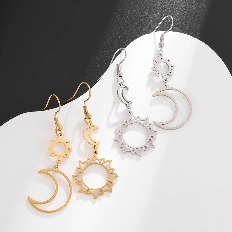 Exquisite Hollow Stainless Steel Sun and Moon Tassel Pendant Earrings for Women, Fashionable, Elegant and Versatile Jewelry