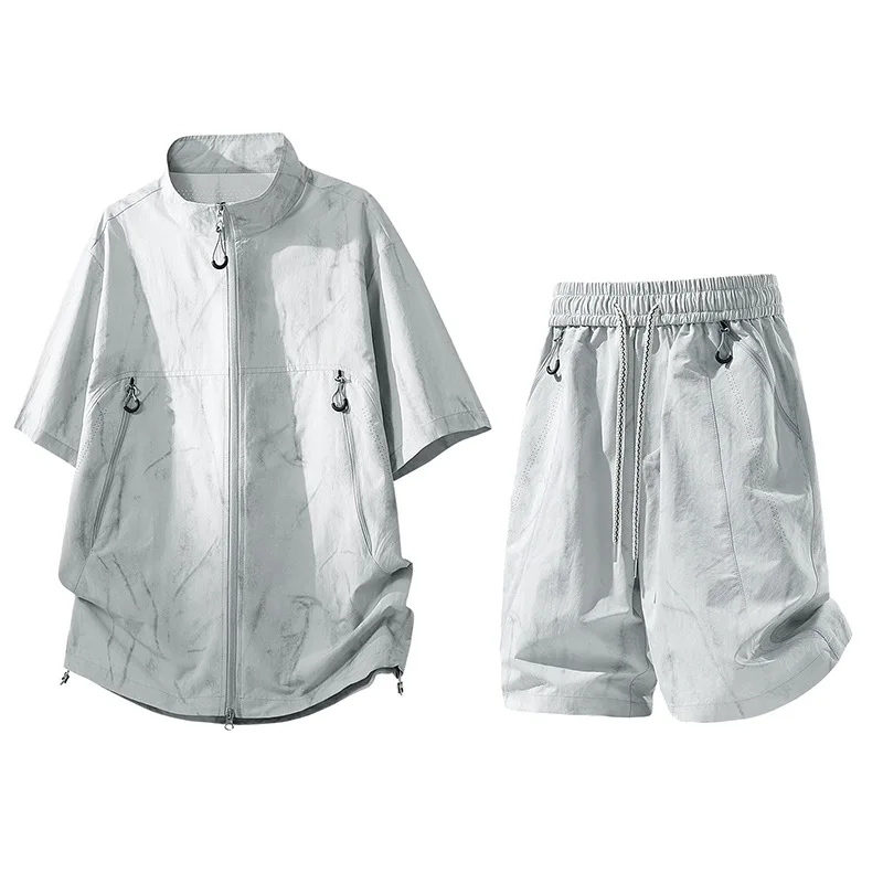 Men's short-sleeve shirt set, summer cooling short-sleeve five-point shorts, casual sports two-piece set