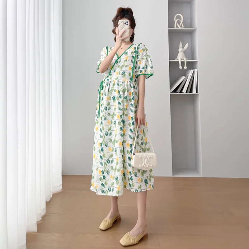 Woman Flora Dress Fashion Breastfeeding Dress Loose 2026 Summer Maternity Nursing Dress Green Cross V-neck High Waist Postpartum