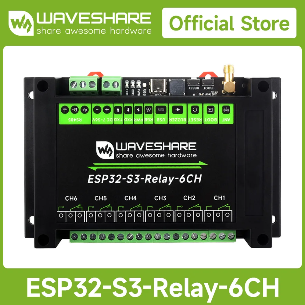 Waveshare Industrial 6-Channel ESP32-S3 WiFi Relay Module, Supports WiFi / Bluetooth / RS485 control, Onboard RS485 / Pico HAT