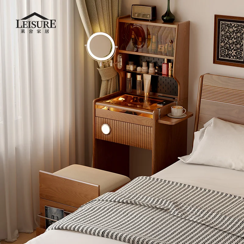 

Bedside Dressing Table Small Bedroom Mini Flip Top Narrow Bed Head All Solid Wood Modern Art Style Dressing Table Integrated
