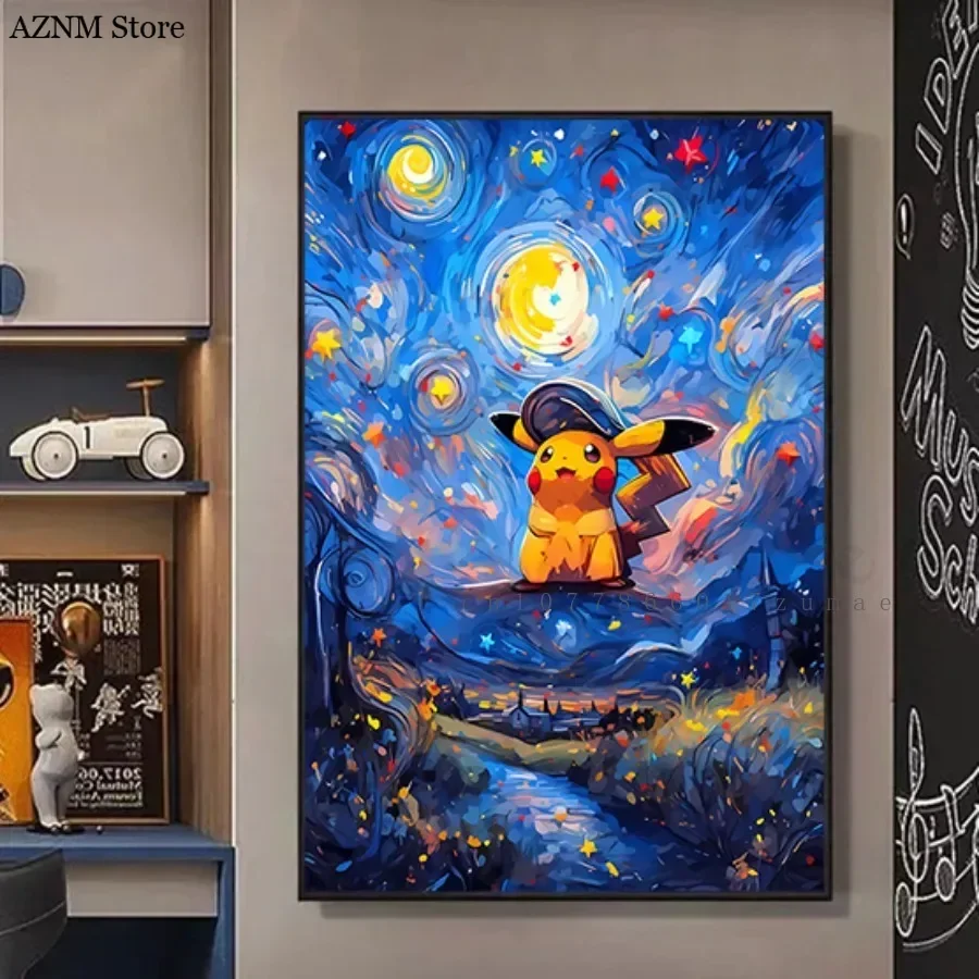 1pc frameless Canvas Painting Pokmon Anime Character Pikachu Posters Van Gogh Museum Canvas With HD Printed Wall art Pictures Fo