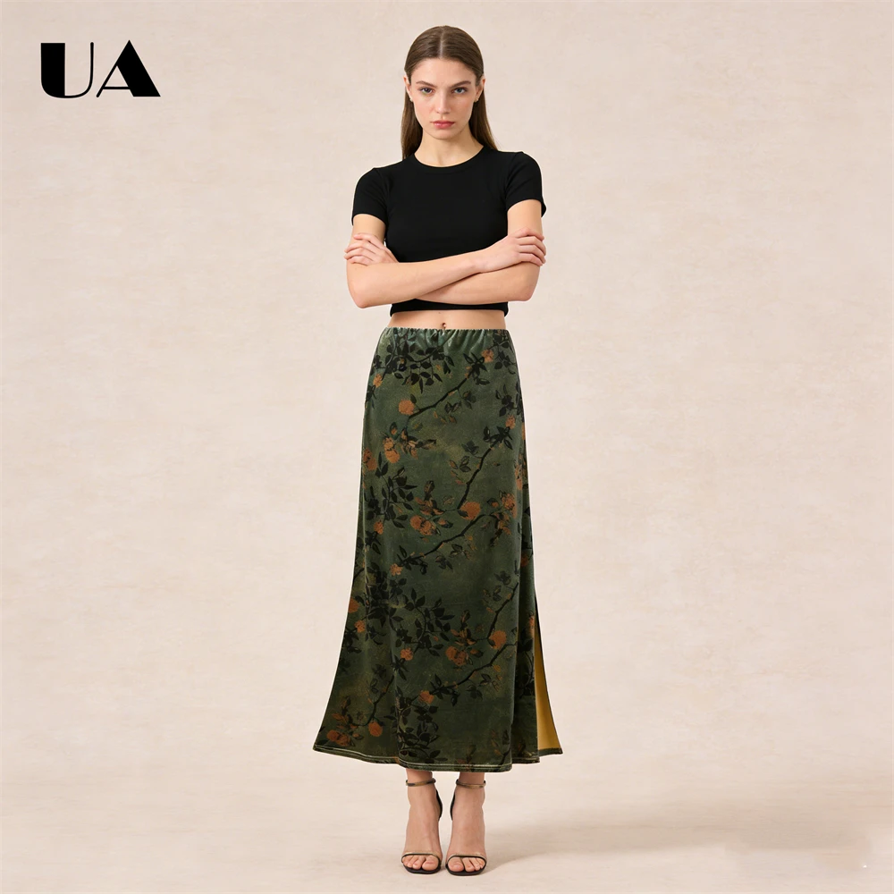 Ulbyanry elegante na moda saia de veludo outono retro floral cintura alta emagrecimento saia longa vintage elegância saias