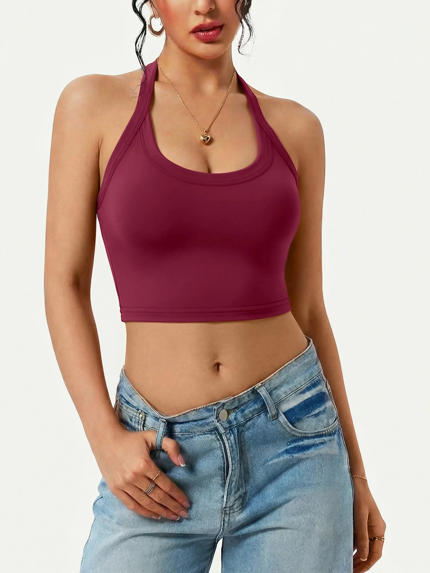 Sport‑Inspired Halter Neck Cropped Cami Ladies Solid U‑Neck Backless Sleeveless Slim Tank Jogging Fitness Casual Street Tops