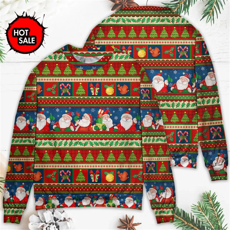 Unisex Ugly Christmas Print Pullover Hoodies Santa Claus 3D Sweaters For Men Women Funny Christmas Sweater Men Kids Quality Tops