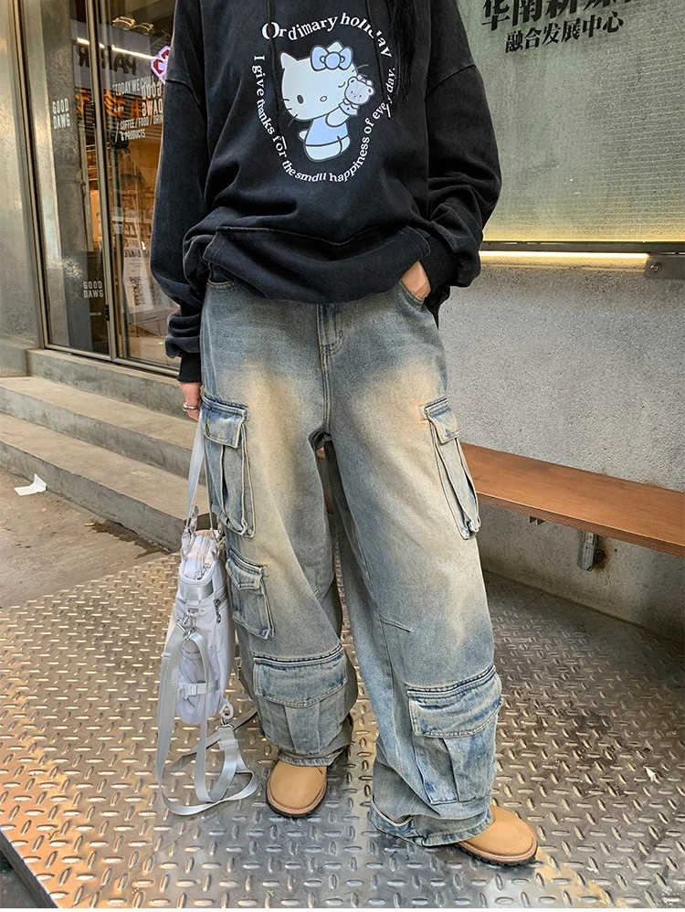 Spodnie Cargo Jeansy Damskie Vintage Długie Do Podłogi Wiele Kieszeni Niska Talia Sprane Postarzane Streetwear Luźne Spodnie Denimowe 2025