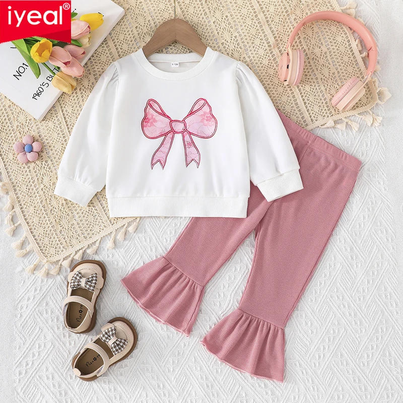 

IYEAL 2025 Spring and Autumn New Product Sweet and Cute Baby Girl Bow Pattern Round Neck Top + Flared Trousers 2Pcs