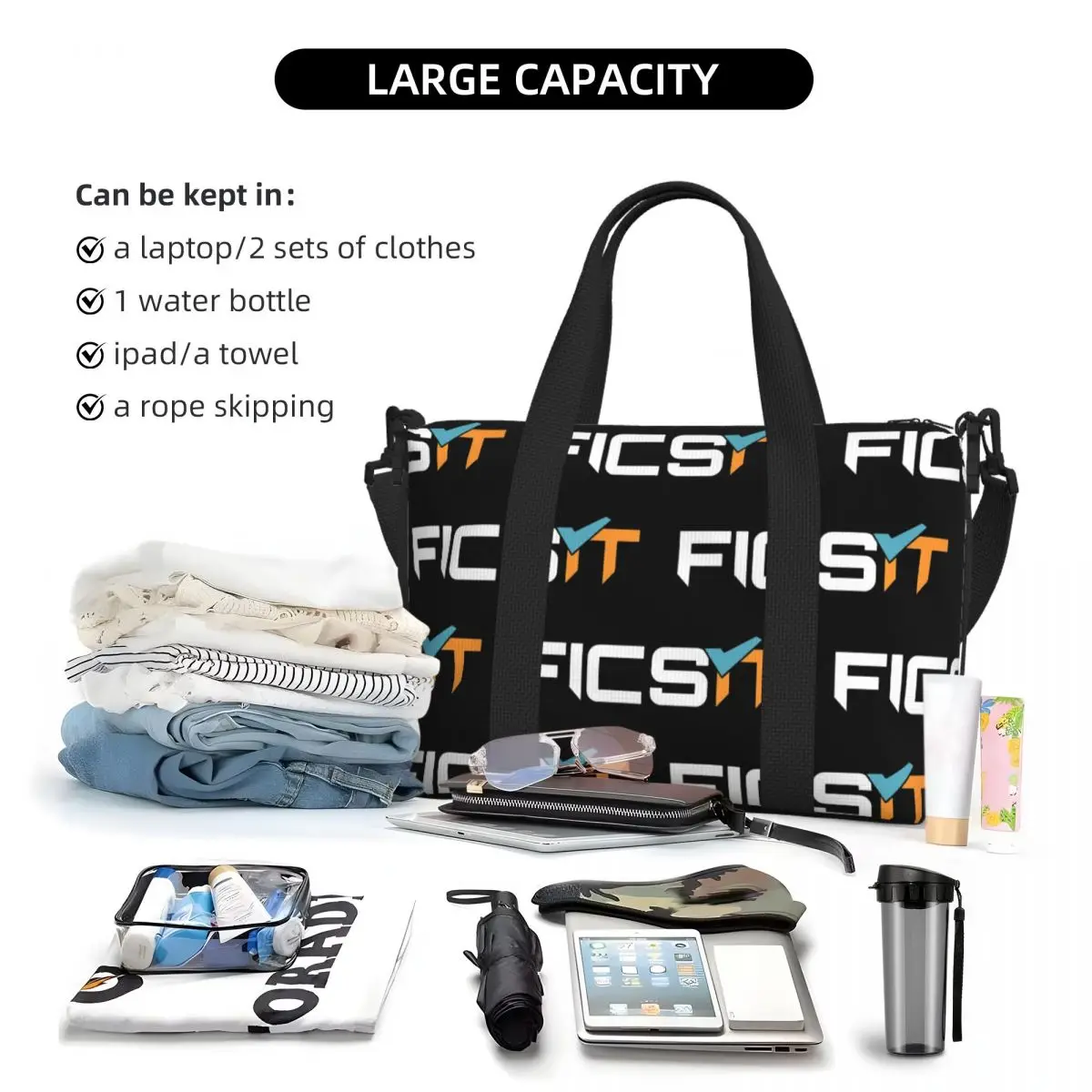 مخصص Ficsit مرضية شعار الشاطئ حقيبة سفر سعة كبيرة حمل الحقائب لصالة الألعاب الرياضية اليوغا المرأة التسوق حقيبة كتف واق من المطر