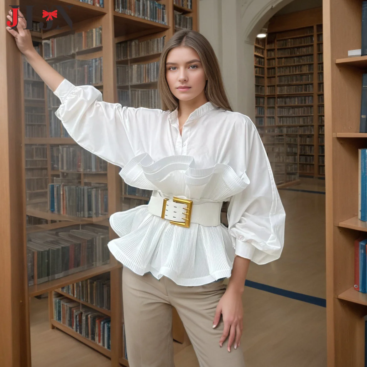 

Personalized Palace Long Lleeves Lotus Leaf Edge Shirt Women High Waist Stand Collar Slim Fit Top For Women's Clothing Luxury