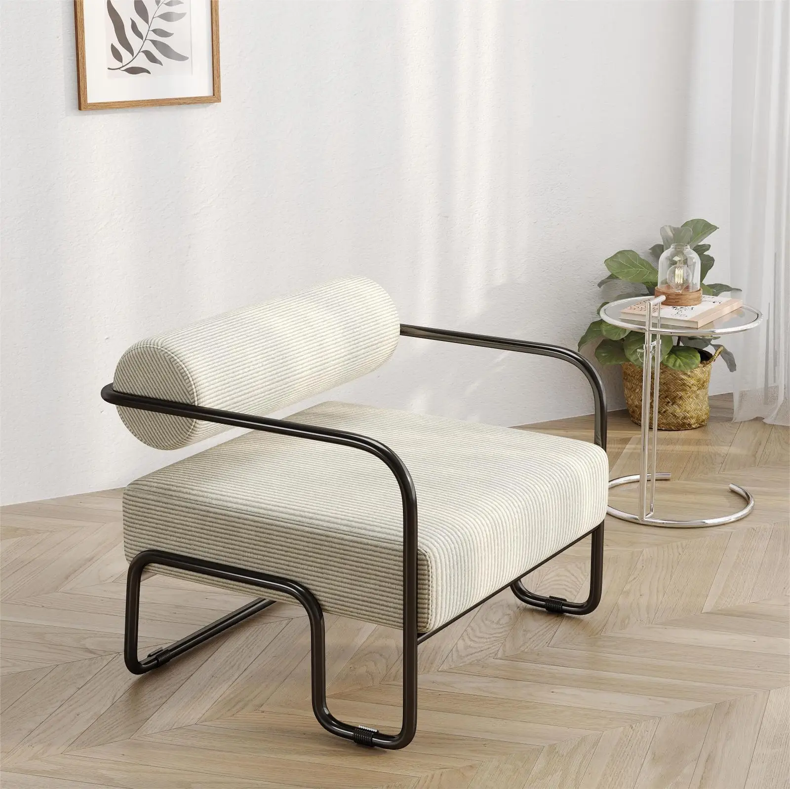 Poltrona Moderna Comanlai con Struttura in Metallo Nero, Rivestimento in Velluto a Coste, Sedia Minimalista per Soggiorno