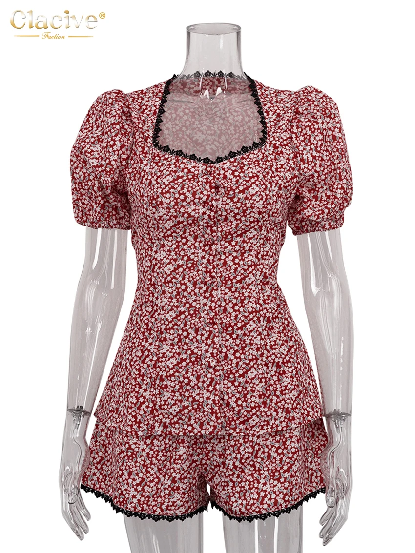 Clacive-Conjunto de 2 piezas con estampado para mujer, camisa de manga corta con pantalones cortos de cintura alta, ropa de calle femenina, Sexy,