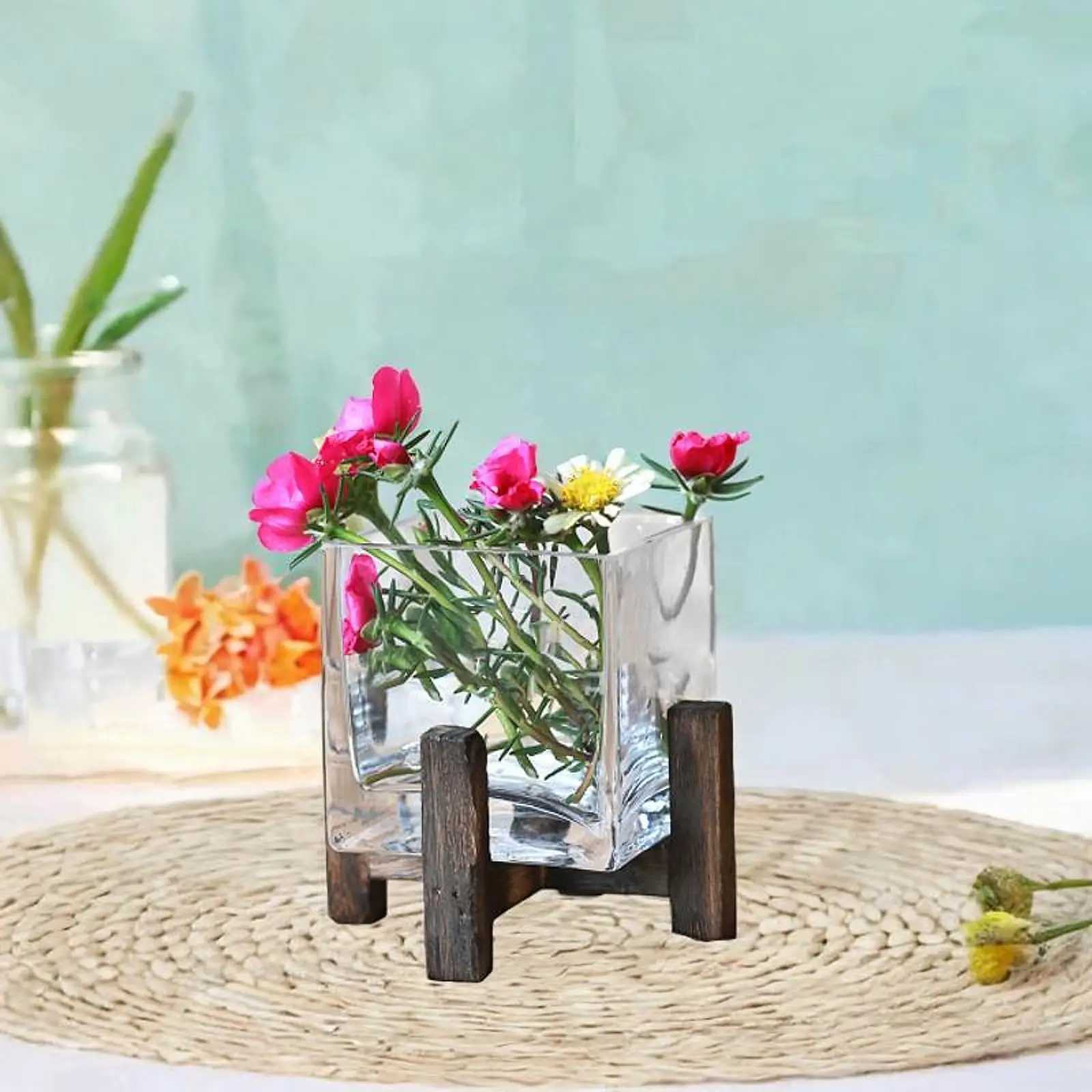 Flower Vase with Wooden Base Decoration Craft Simple Housewarming Gift Elegant Centerpiece Clear for Party Wedding Office Home