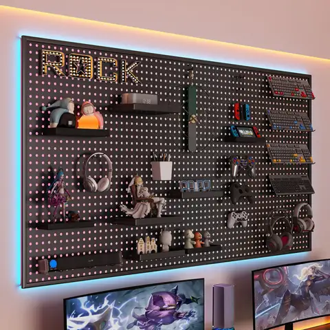 Gaming Room Hole Wall Rack Black Metal Shelf Wall Mounted Organizer Office Desk Storage Board Wall Storage Board Wall Peg Board