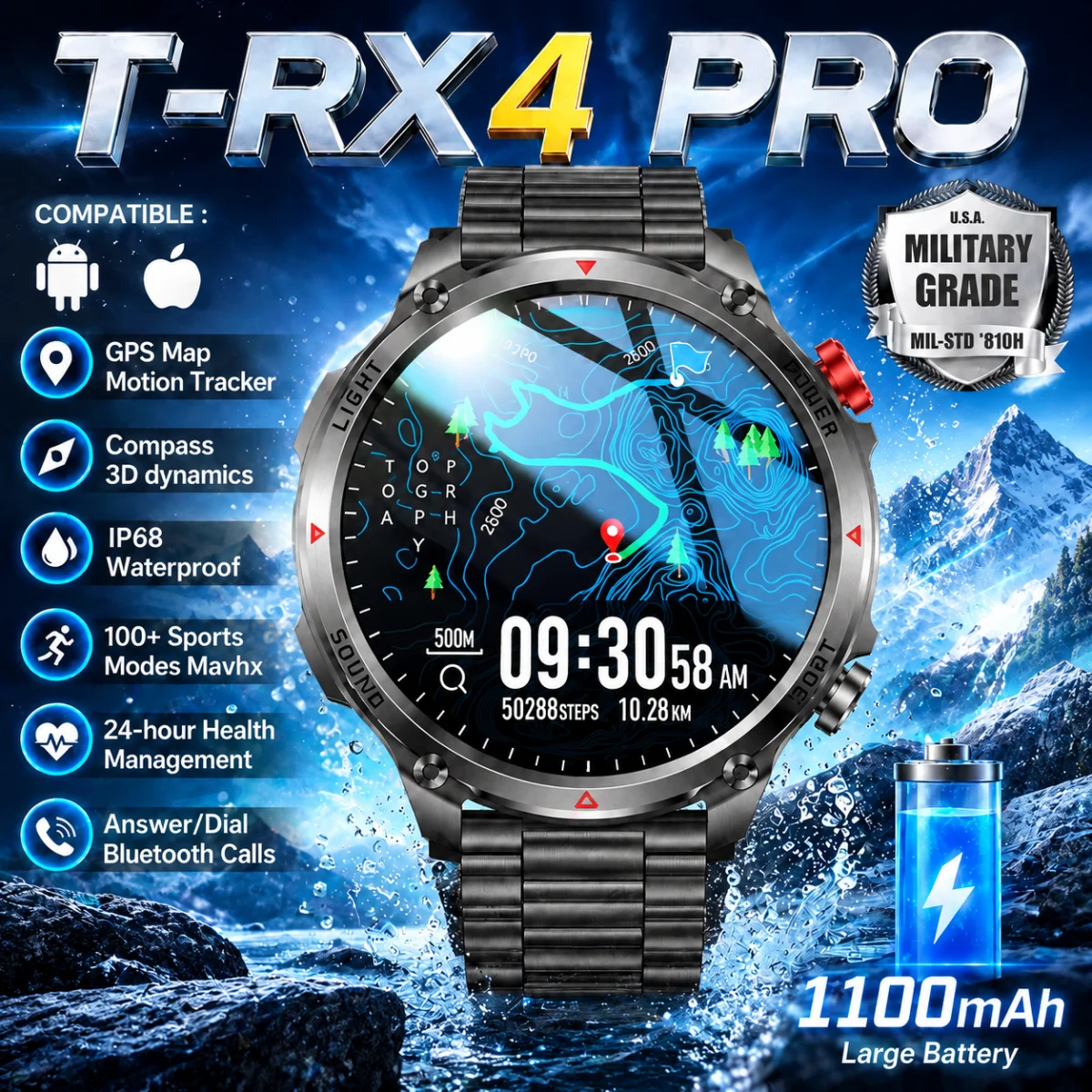 2026 1100mAh Big Battery Smart Watch Men Outdoor GPS Flashlight Compass IP68 Waterproof HD Call 1.7inch AMOLED Sports Smartwatch