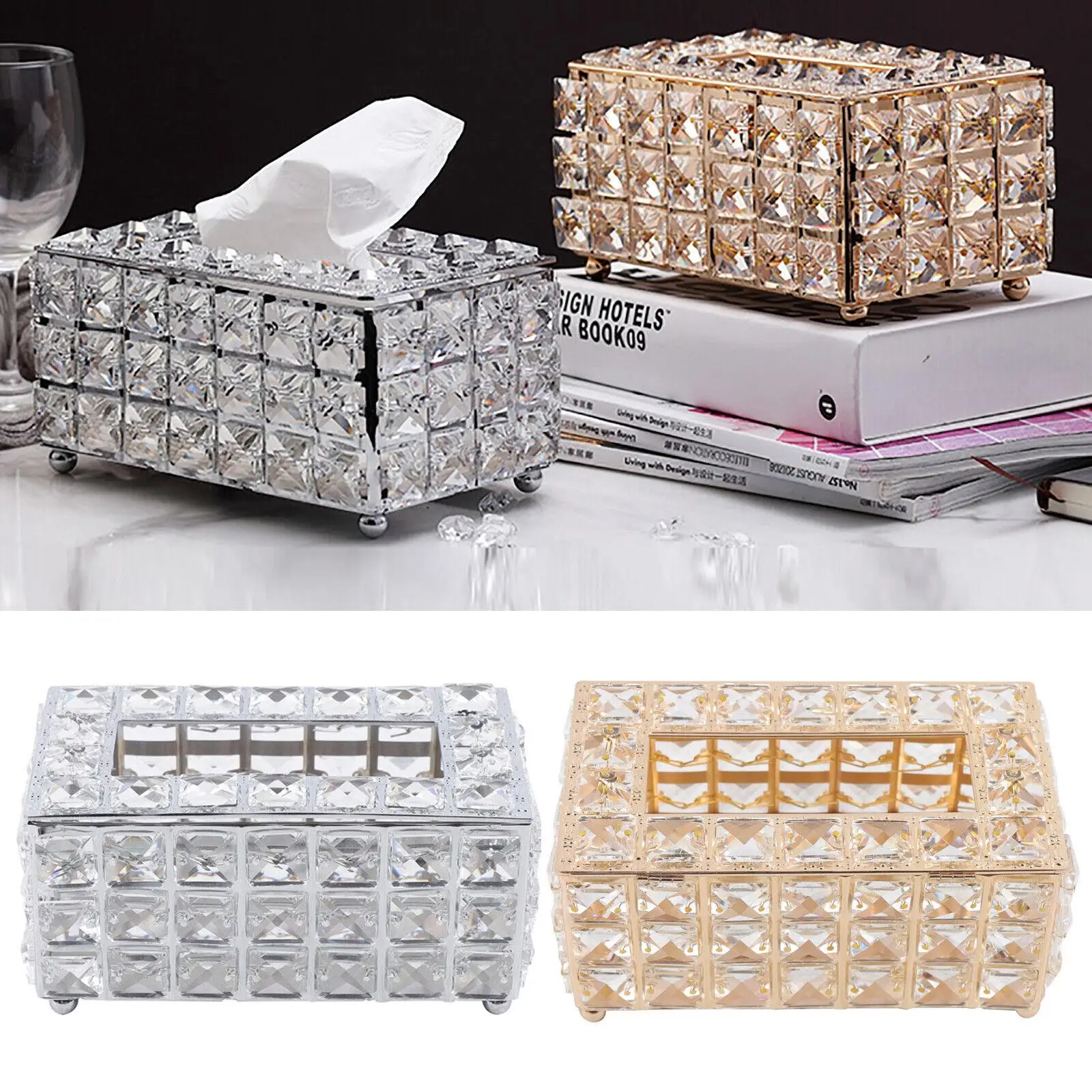 

Rhinestone Tissue Box Cover Crystal Napkin Holder Case for Hotel Car Living Room