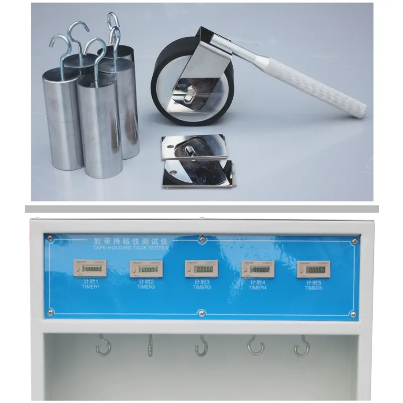 Holding force testing machine, adhesive testing machine with support, matching rollers