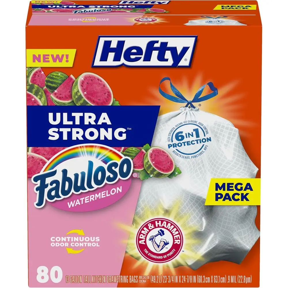 

Ultra Strong 13 Gallon Tall Kitchen Trash Bags, Leak-Proof, Puncture Resistant, Odor Control, White, Watermelon Scent, 80 Count