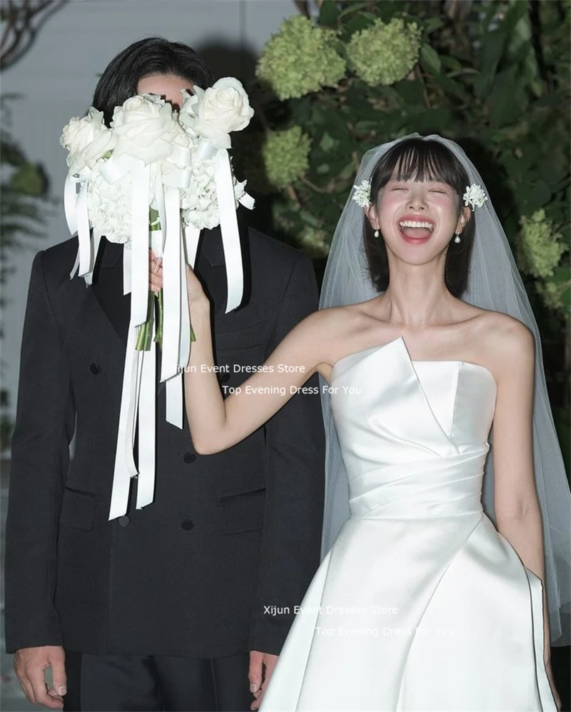 Xijun Princess Ivory Satin Wedding Dresses A-Line Korean Photo Shoot Long Prom Dresses Sleeveless Wedding Party Dress Customized image 4