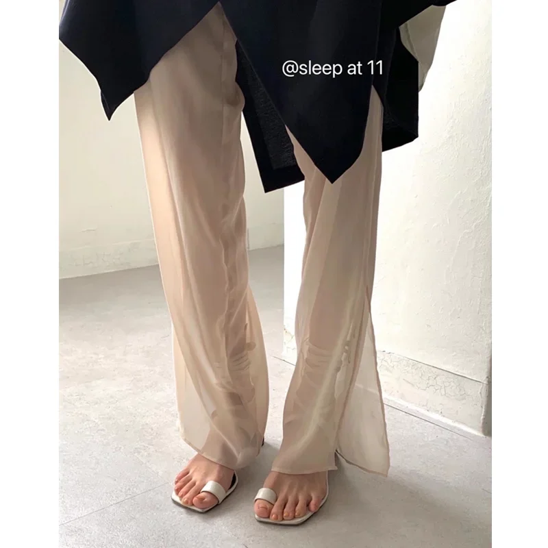 

Y2k Lace Up See-through Sexy Mesh Pants Women 2024 Summer New Korean Solid Color All Match Side Split Wide Leg Pants