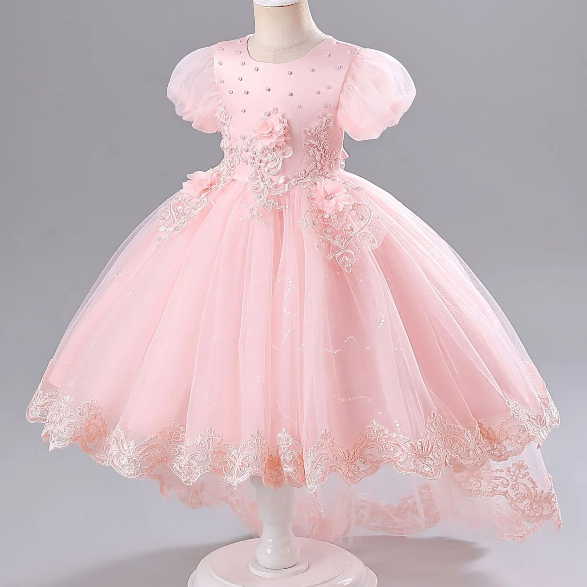 New Children's Dress Lace Trail Princess Dress Mesh Applique Bubble Sleeve Wedding Flower Boy Bow Sweet and Cute Dress