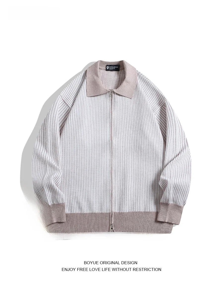 

Boyue Ретро полосатый вязаный кардиган с двойным воротником на молнии, мужская зимняя теплая повседневная верхняя одежда, свитер, пальто