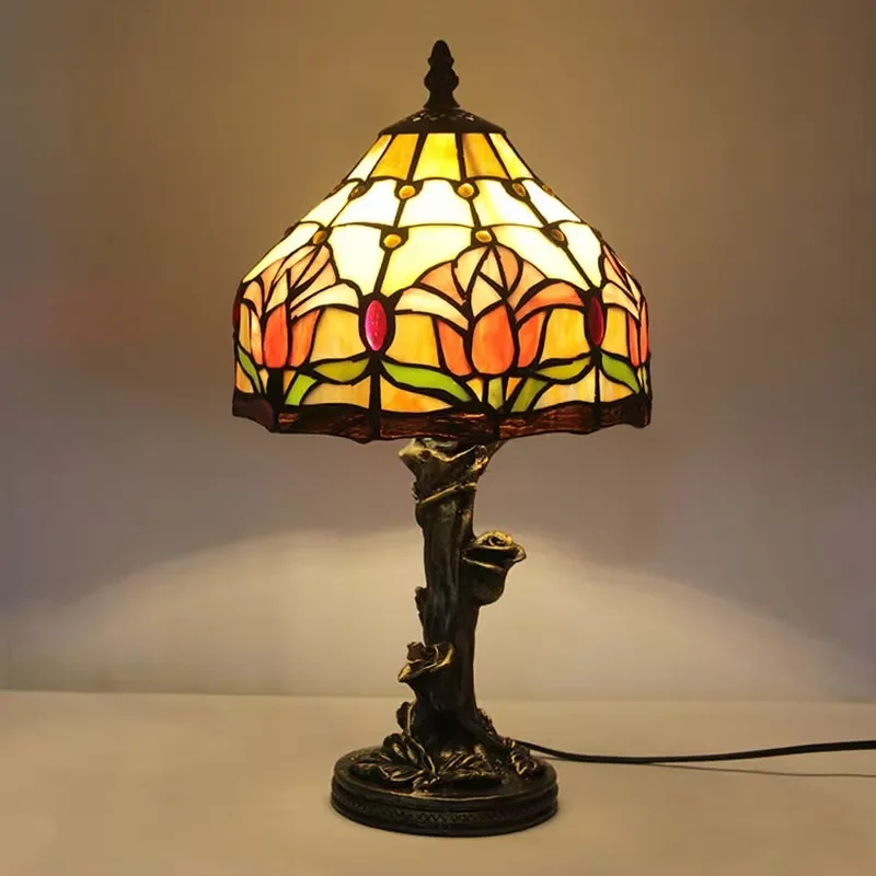 LongHuiJing for Style LED Table Lamp Stained Glass Red Tulips Lampshade Eco-Friendly for Bedrooms