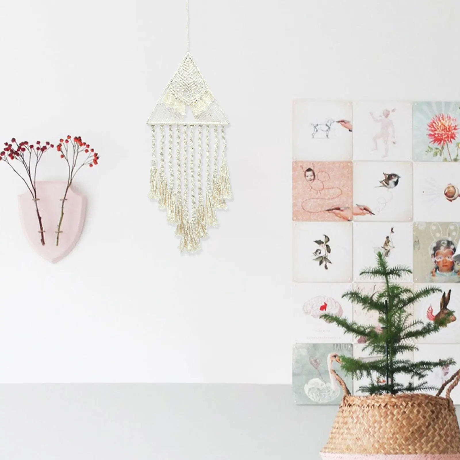 Boho Makrama Tkana Dekoracja Ścienna Trójkątna z Frędzlami Ręcznie Robiona Gobelin Ozdoba Ścienna w Stylu Boho do Sypialni