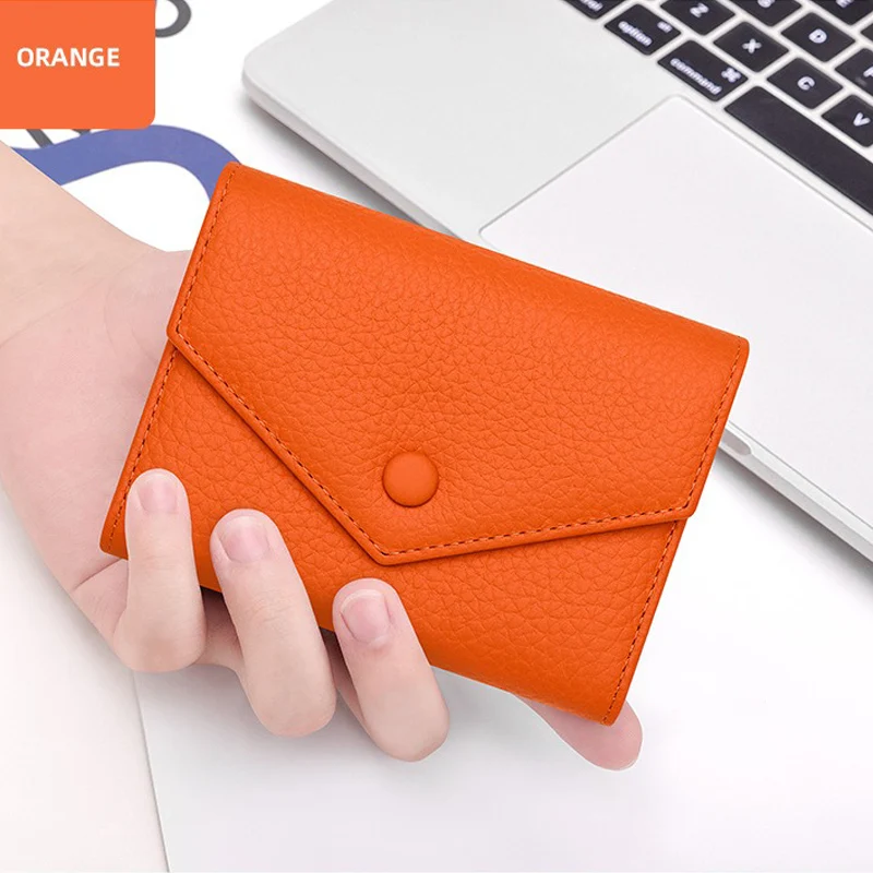 Genuine Cow Leather Short Wallets for Women Fashion Simple Money Clip Zipper Coin Purse Card Holder Clutch Small Orange Wallet