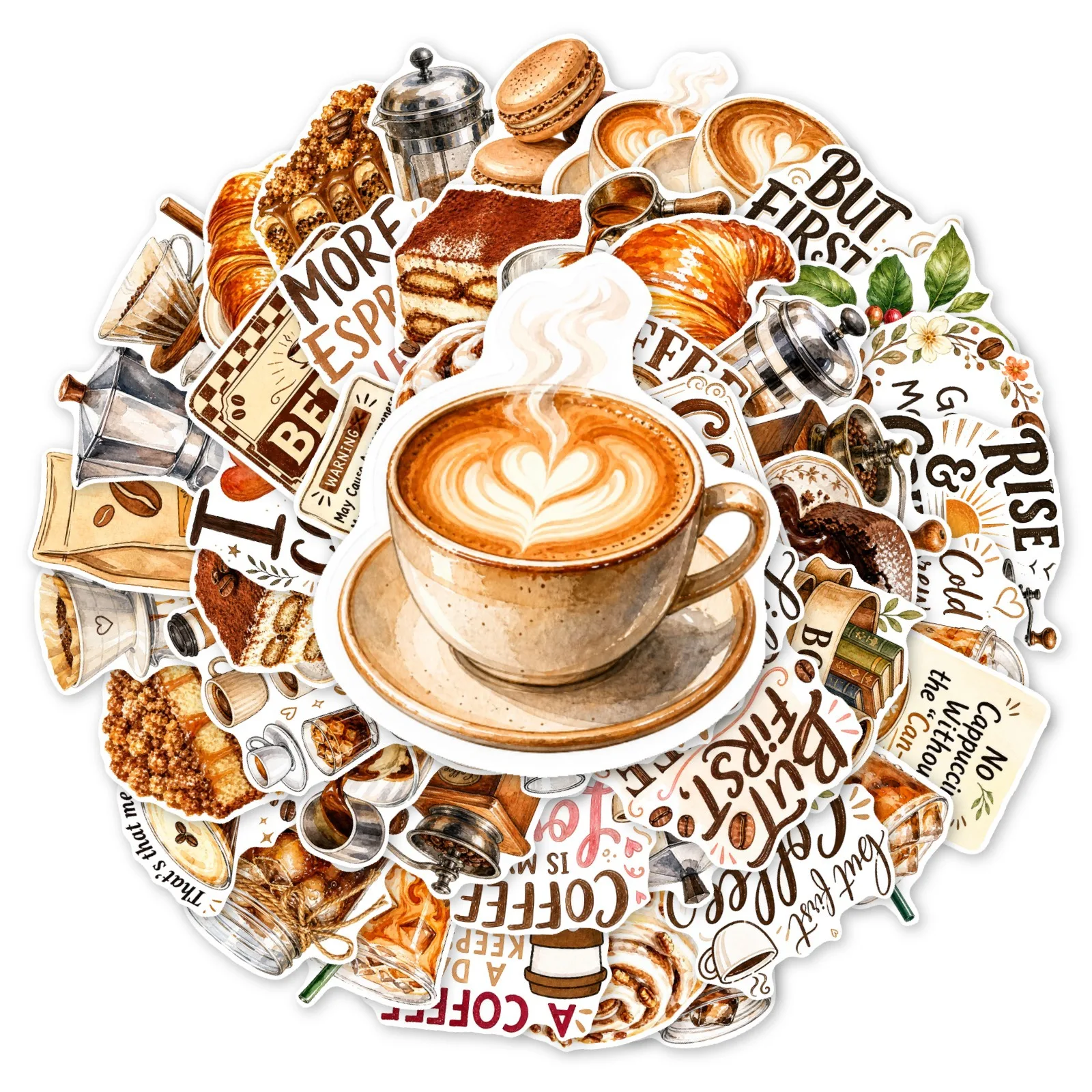 10/30/50PCS Vintage Watercolor Coffee Dessert Stickers Cake Funny Cafe Slogan DIY Decor For Phone Laptop Graffiti Sticker Pack