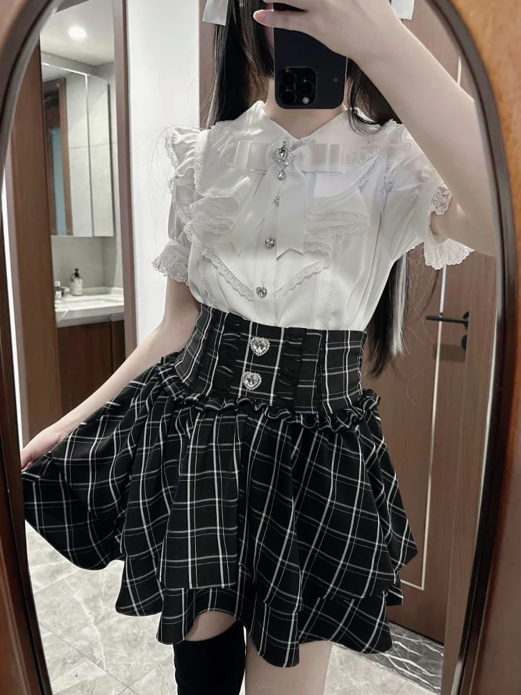

Japanese Sweet Lolita Ruffles Plaid Skirt Spicy Girls Party Kawaii Sweet Mini Skirts Y2k Casual A-Line Skirts Woman Chic