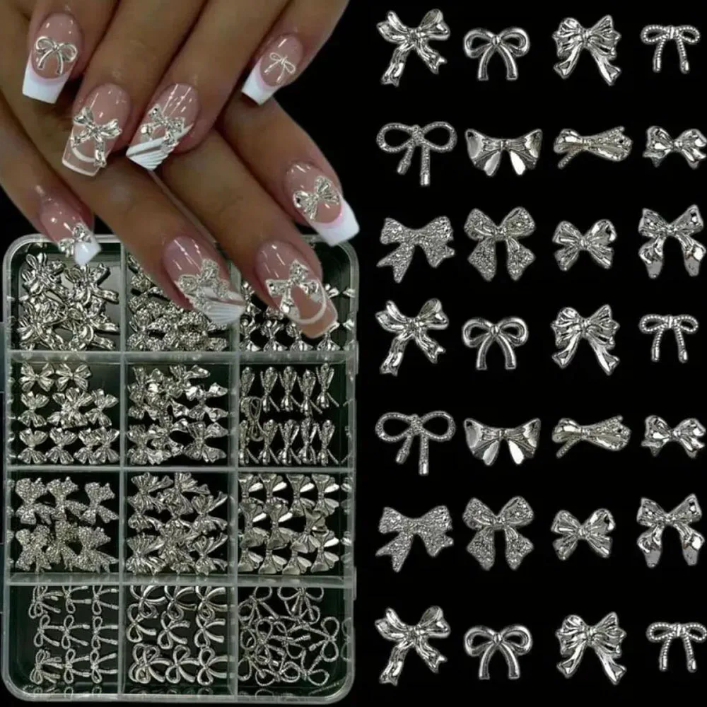 120 Teile/schachtel 3D Silber Exquisite Bowknot Nagel Charms Einfache Legierung Band Bowtie Nail art Dekorationen DIY Luxus Maniküre Zubehör – Detail 7
