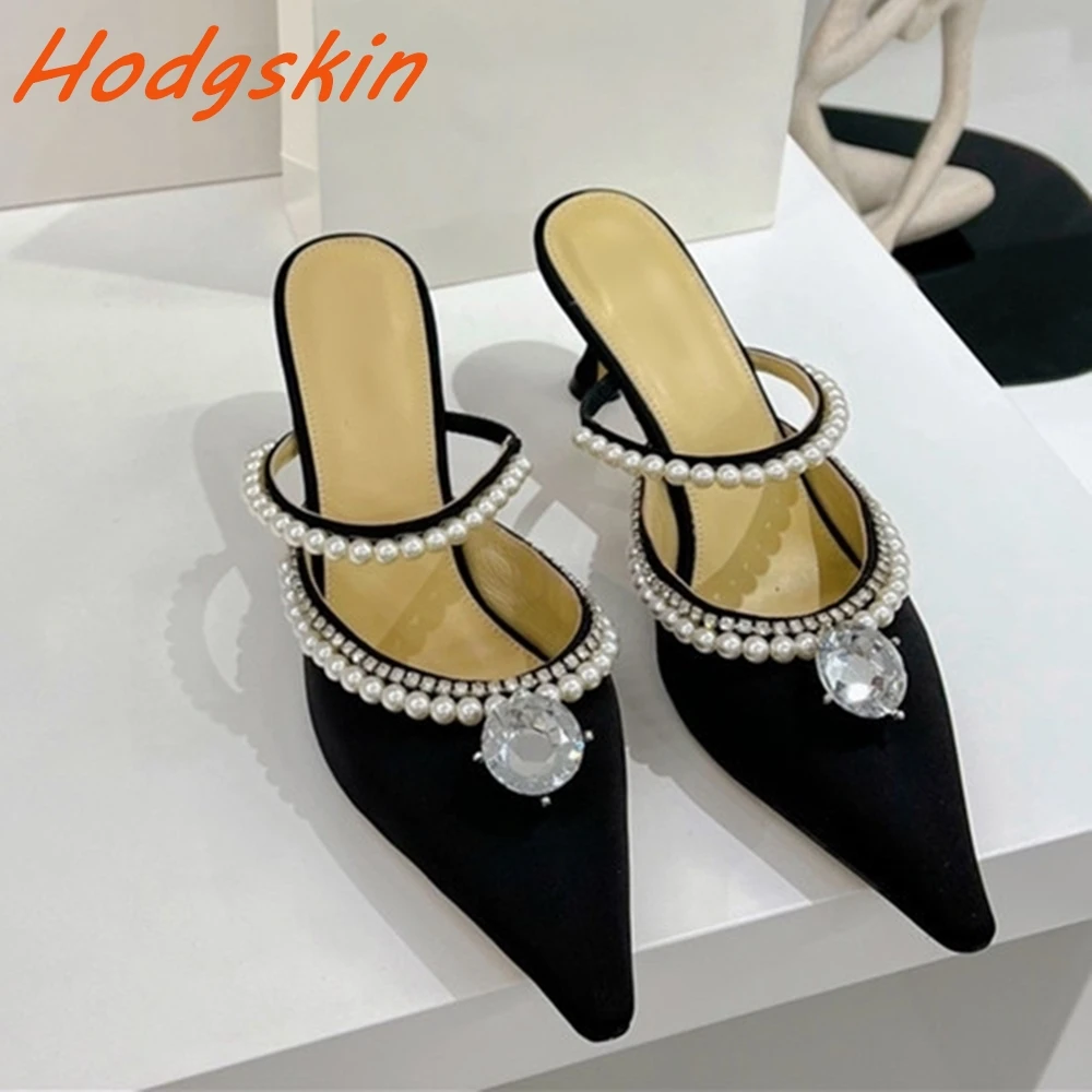 

Pearl Straight Strap Outside Slippers Slingback Pointed Toe Slip On Sexy Thin Heels Bling Crystal Shallow Fashion Women's Shoes