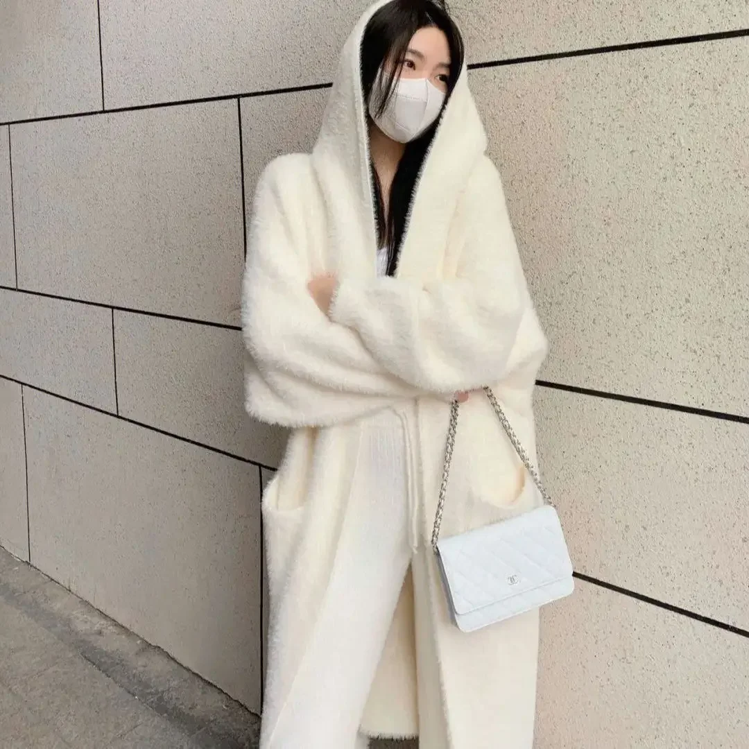 

korean fashion hooded long cardigan women knitted long sleeve winter korean style clothes long sleeve knitwears fall pink XQ803