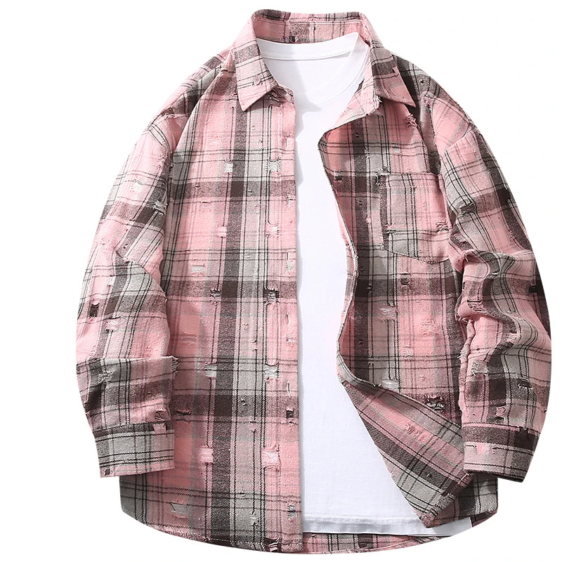 American Style Ripped Plaid Shirt Vintage Loose Trendy Style American Street Style Distressed Plaid Long Sleeve Shirt