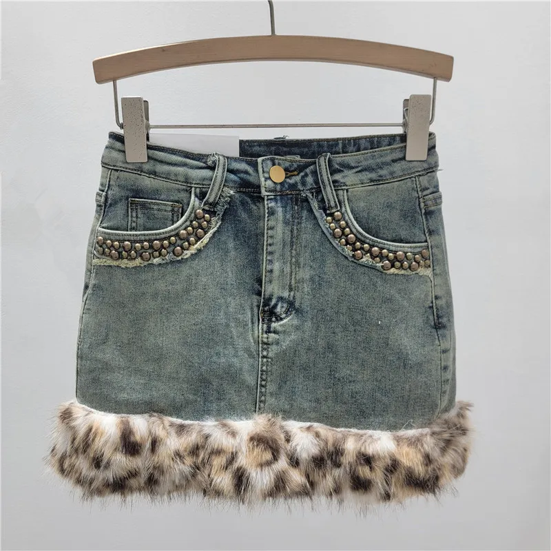 Leopard Print Furry Patchwork Stretch Denim Bodycon Skirt, 2025 Autumn Winter New Style, Sexy Rivet Hot Girl Short Skirt Women