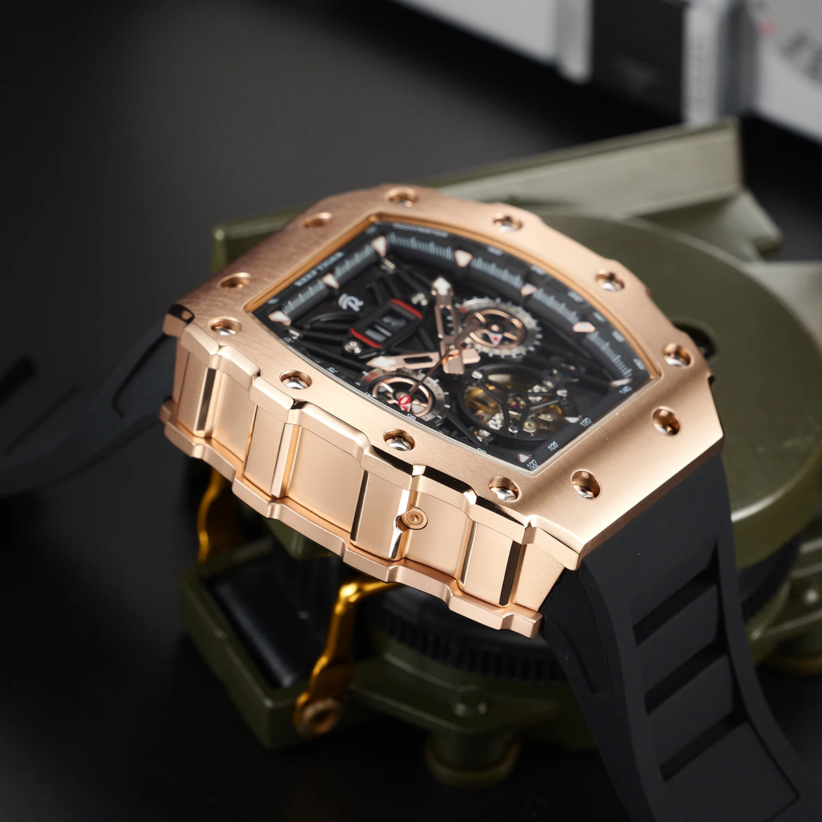 Imagem -05 - Reef Tiger-relógio Mecânico Multifuncional para Homens Relógio Rose Gold Tonneau Tourbillon Design Relógio Automático à Prova Dágua Rga3009