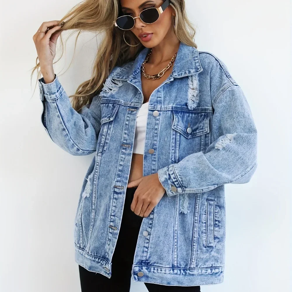Women Ripped Denim Jacket Distressed Button Front Long Sleeve Casual Vintage Streetwear Soft Breathable Flattering Daily Comfy