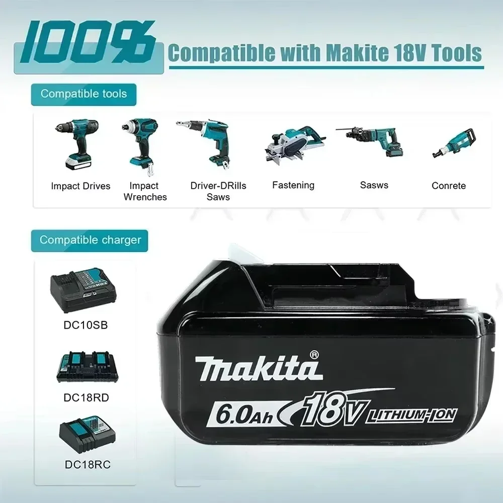 Makita-Batterie pour Outils Makita, Perceuse, Bl1850b BL1850 bl1860 bl 100% bl1830 bl1815 bl1840 LXT400, 6000 Authentique, 1860 mAh, 18V