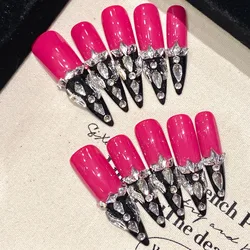 10pcs Handmade Long Almond Black French False Nails With Shiny Rhinestones Decor Full Cover Fake Nails Press On Acyrlic Nails