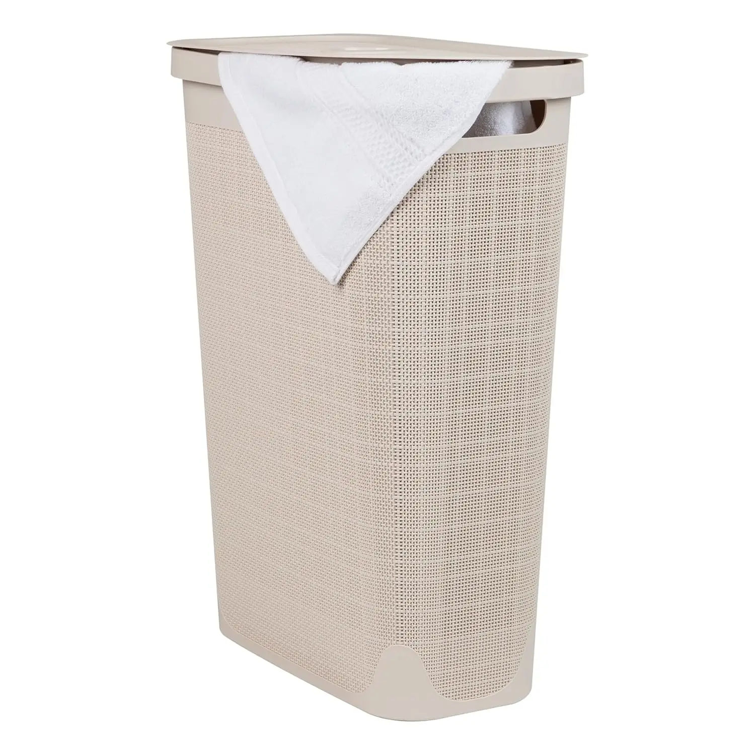 

40L Slim Laundry Hamper with Lid, Linen Design Plastic Clothes Basket in Ivory