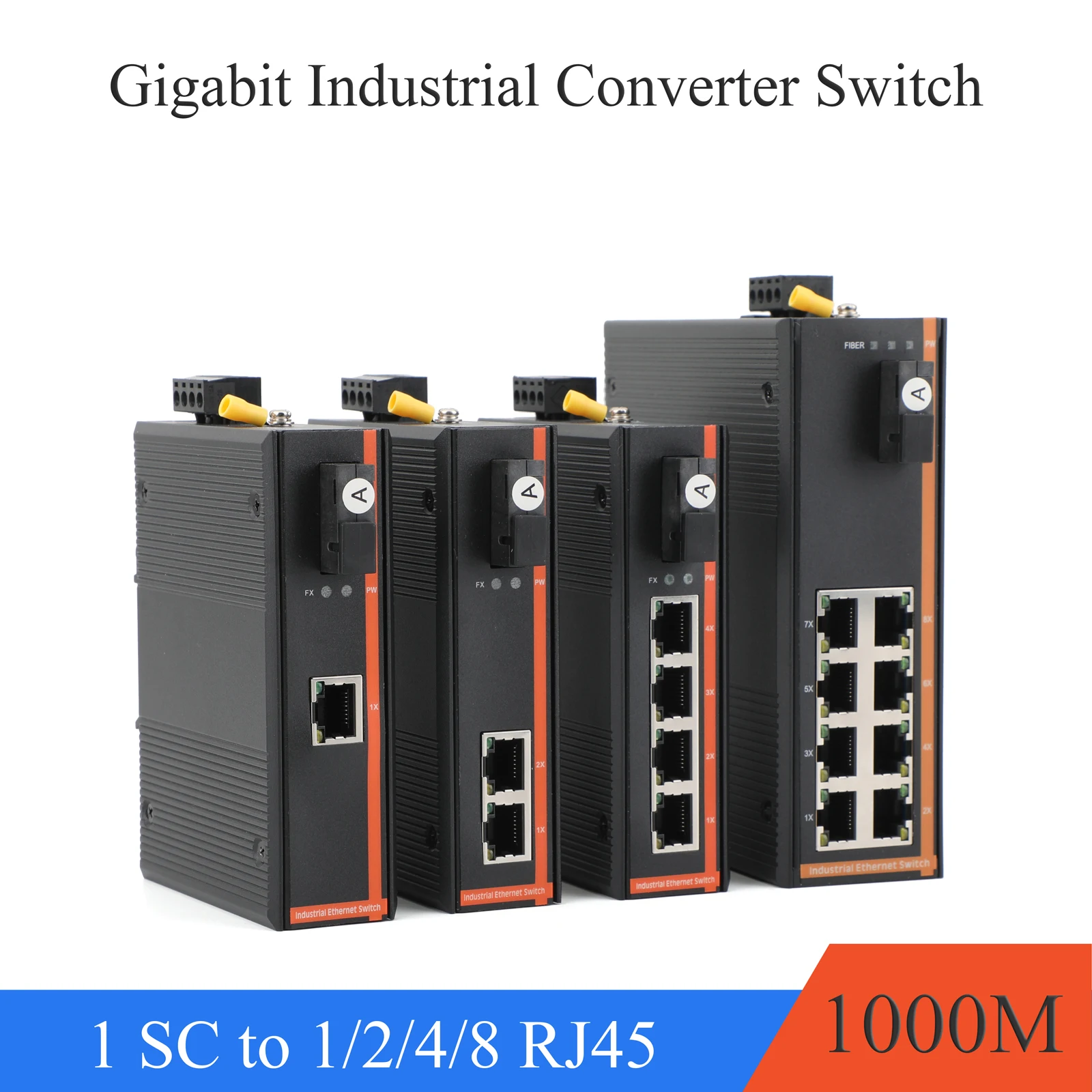 1PCS 10/100/1000M Industrial Grade Gigabit  Media Converter Single Mode 1 Fiber to 1/2/4/8 RJ45 UPC/APC SC Port A/B/A+B Port Kit