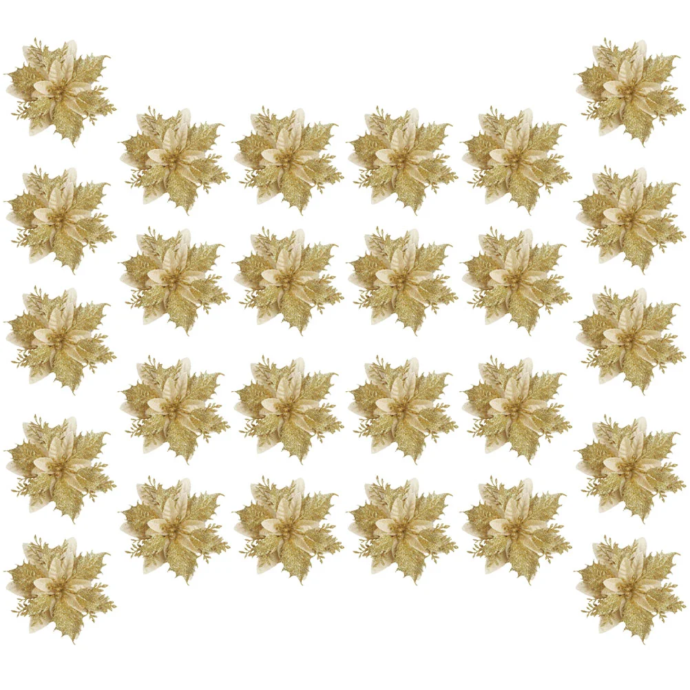 

26 Piece Golden Christmas Flower Wreath Accessories Artificial Poinsettia Christmas Tree Decor Glitter Party Supplies