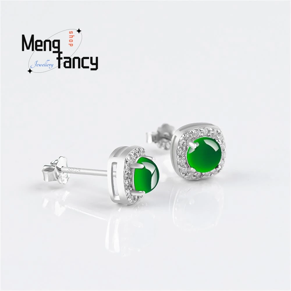 أنيقة عالية الجودة حقيقية الطبيعية A-السلع الجاديت يانغ البيض الأخضر أقراط الجليد اليشم S925 الفضة مطعمة الأزياء والمجوهرات الفاخرة