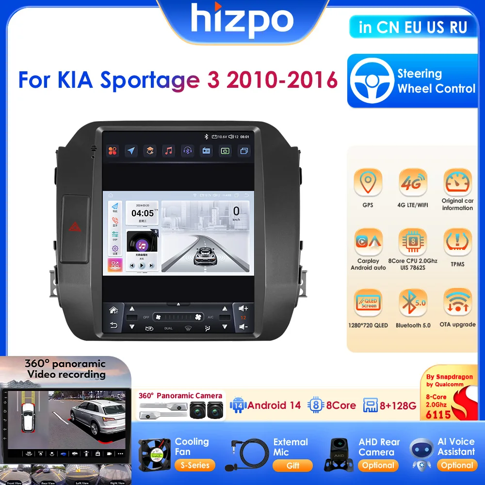 HIZPO 9,7-Zoll-Auto-Intelligent-Bildschirm GPS-Multimedia für KIA Sportage 3 2010-2016 Nur für Linkslenker CarPlay Android Auto 4G